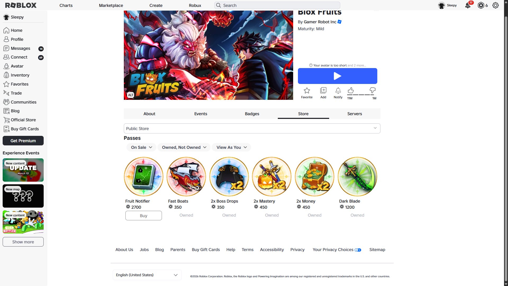 A boy's account with a total donation of 55k, leveling up in Fish and Blox Fruit